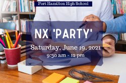 Fort Hamilton High School. NX \'Party\'. Saturday, June 19, 2021.Two individuals working at a desk in a library.